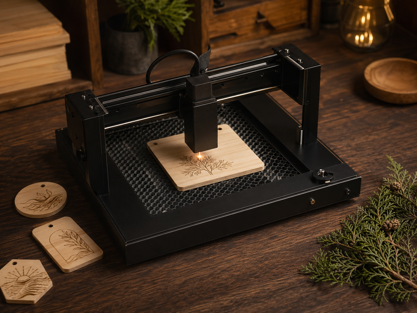 Compact laser engraving setup on a wood workbench