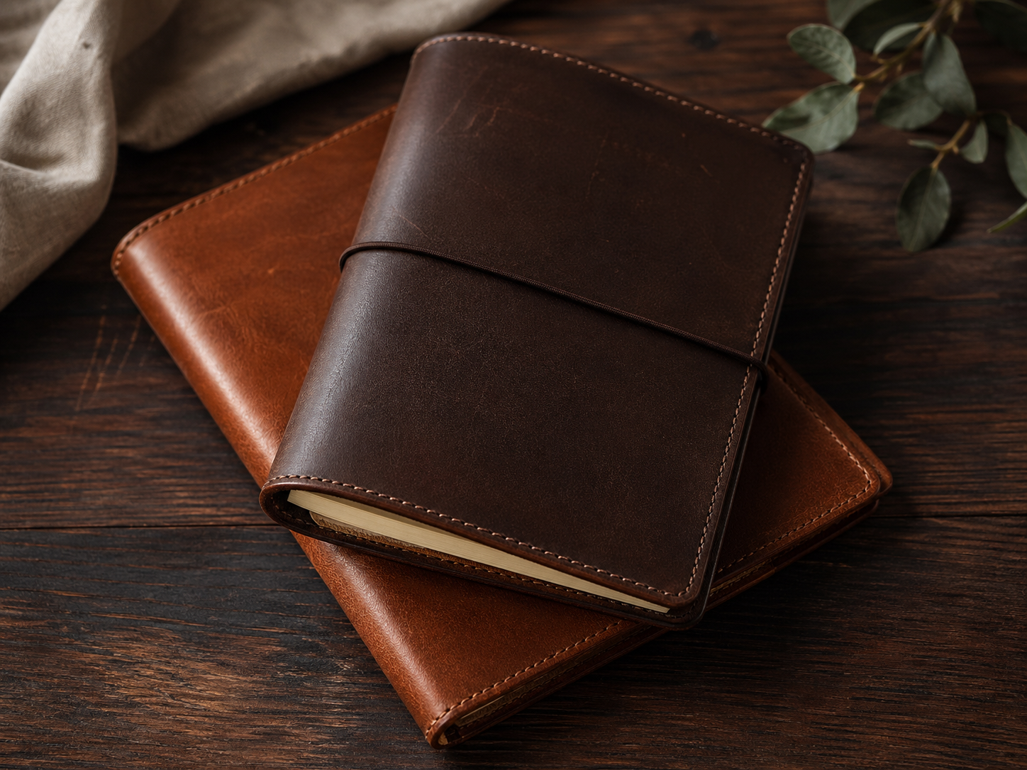 Stack of handmade leather notebook covers