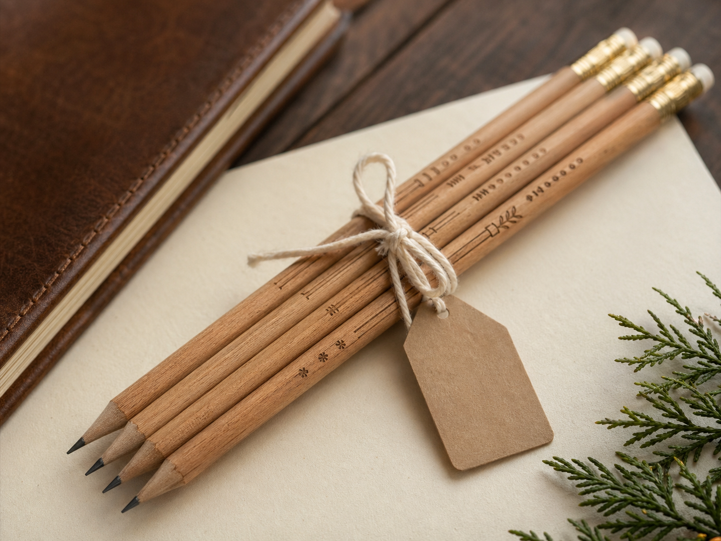 Natural wood pencils arranged as a personalized gift set