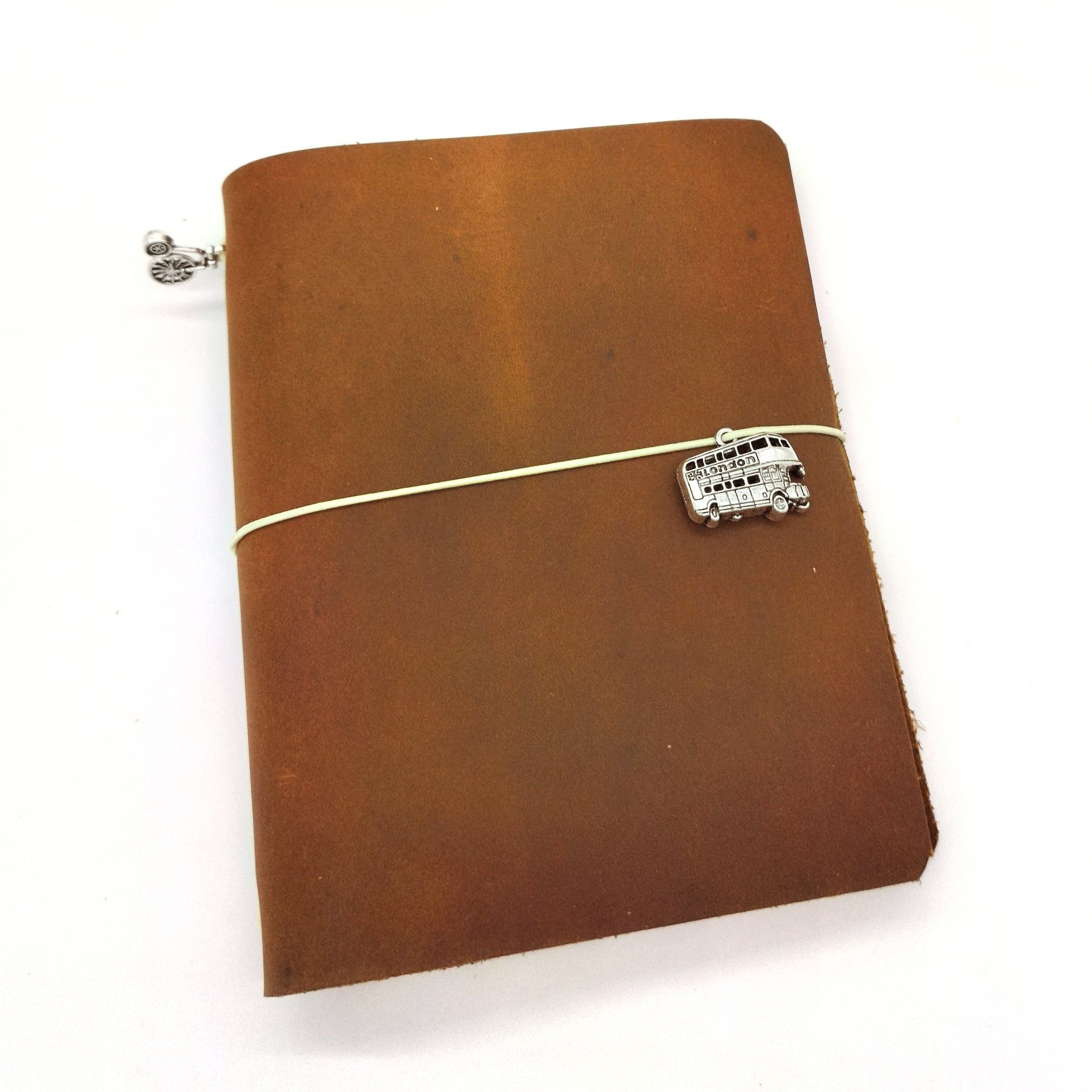 Open leather traveler's notebook with paper inserts